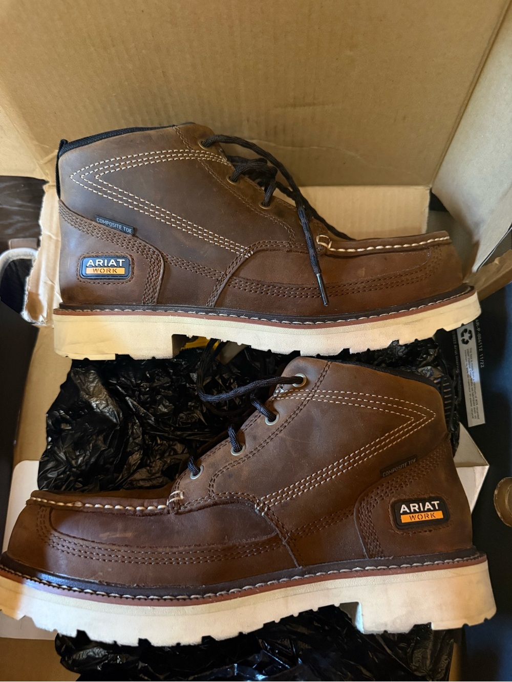 Ariat Brown Leather Moc Toe Work Boots with White Wedge Sole